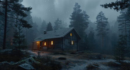 Naklejka premium An empty cabin in the forest on a rainy night. Generative AI.