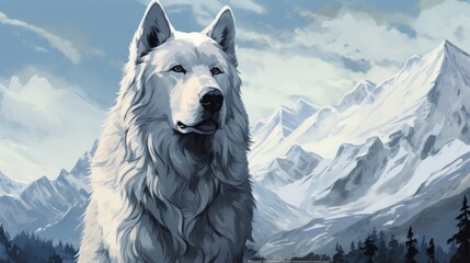 A white wolf is standing in front of a snowy mountain range. The image has a serene and peaceful mood, with the wolf being the focal point of the scene