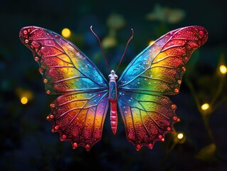 See a butterfly up close, its wings a rainbow of colors! Each tiny scale shines like a jewel. It flutters gently, spreading joy like magic. 