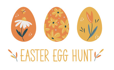 Easter vector card with three hand  decorated eggs.  Easter eggs decorated with flowers. Hand-drawn design of Spring greeting card. Easter Egg Hunt hand writing sign