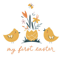 Easter vector card. Hand-drawn design of Spring greeting card. Square card with chicks, flowers in an egg form vase and butterfly. My first Easter hand writing sign