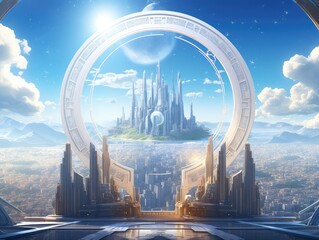 world revolution depicted through a circular future portal, set against a backdrop of towering skyscrapers. The portal serves as a gateway to progress and innovation,  - obrazy, fototapety, plakaty