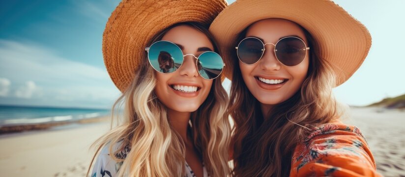 Two happy women enjoying their time on the beach, wearing stylish hats, as they take a fun selfie together