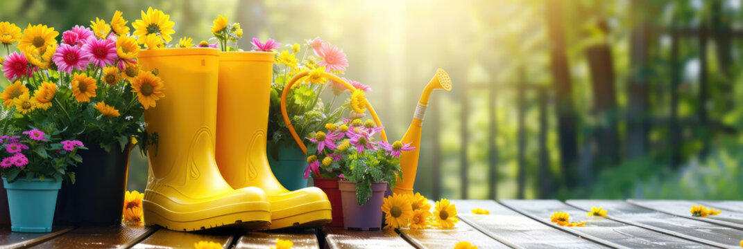 Bright yellow rubber boots and bright flowers against the backdrop of a lush garden.
