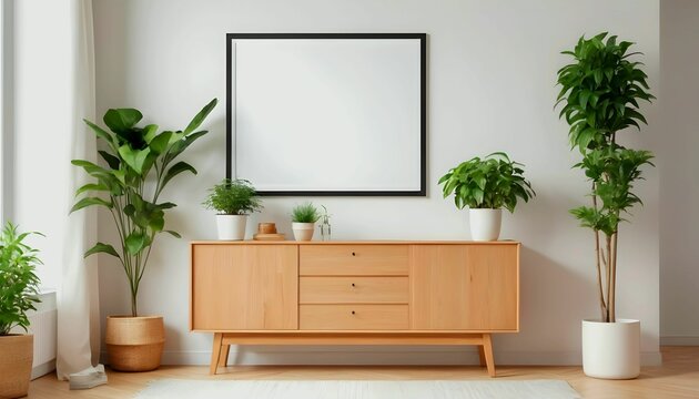 blank poster frame mockup on white wall living room with wooden sideboard with small green plant created with generative ai.	
