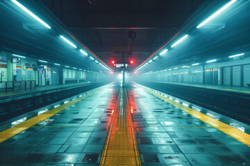 Fototapeta na wymiar Declining commuter numbers. A deserted train station platform, illustrating reduction in commuting