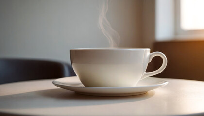 Morning Coffee: A white cup filled with steaming coffee rests on a clean white table, casting a subtle shadow. creating a serene morning scene.