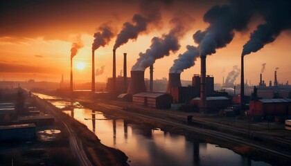 Factory of industry in dramatic sunset over industrial area with smoke from chimneys, post-apocalyptic scene created with generative ai	 - obrazy, fototapety, plakaty