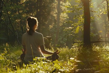  In a forest bathed in the warm morning sun, a person finds serenity in meditation, surrounded by the quiet and healing embrace of nature.
