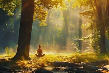 A peaceful meditation session in a sunlit forest, where rays of light pierce through the trees, creating a serene and mystical atmosphere for contemplation. - obrazy, fototapety, plakaty