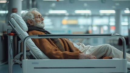 A seriously ill old man lying on a medical bed in the waiting room of a modern clinic. Generative AI. - obrazy, fototapety, plakaty