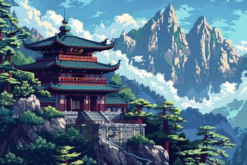 Serene Buddhist Monastery Nestled in Mountains, Pixel Art Landscape, Tranquil Spiritual Retreat, 8-bit Game Style Scenery - obrazy, fototapety, plakaty