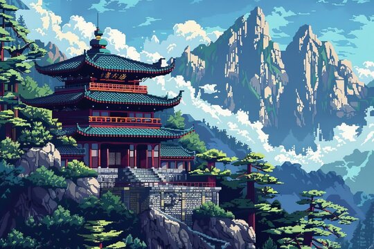 Serene Buddhist Monastery Nestled in Mountains, Pixel Art Landscape, Tranquil Spiritual Retreat, 8-bit Game Style Scenery