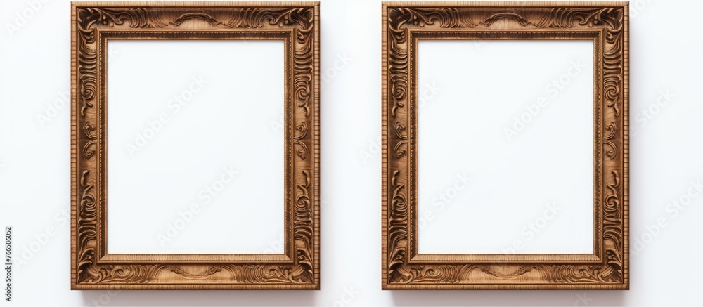 Poster two elegant empty gold picture frames hanging tastefully on a pristine white wall, adding a touch of