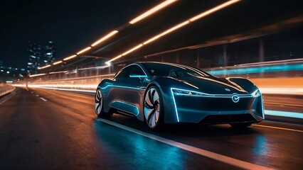 Futuristic EV car on highway with self driving system activated for transportation autonomy concepts, Automotive innovation and technology concepts generative ai	