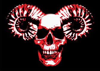 Vector illustration with human skull with horns ram in grunge style. The symbol of Satanism Baphomet
