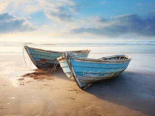 Naklejka na ściany i meble wooden boats resting on the sandy shore. They're like old friends taking a break! Their smooth curves tell stories of adventures at sea. Seagulls sing overhead as waves gently kiss the shore 