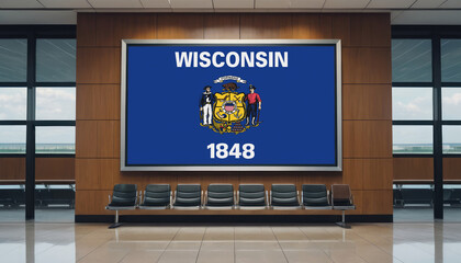 Wisconsin flag in the airport waiting room. The concept of flying for work, study, leisure.
