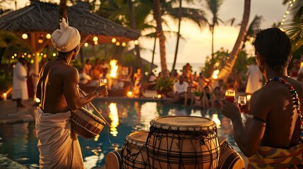 A vibrant scene unfolds as guests at a tropical resort enjoy a festive evening by the pool, highlighted by traditional music and warm candlelight. - obrazy, fototapety, plakaty