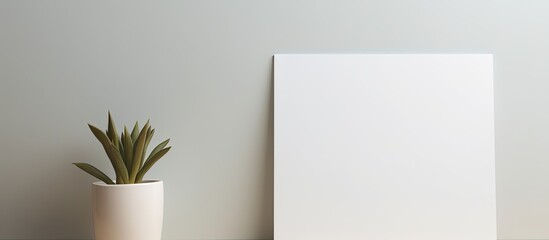 A blank white poster lies on the floor next to a potted plant, creating a simple and modern decor