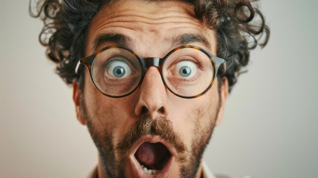 A man's face up close with round glasses magnifying his wide-eyed, open-mouthed expression of utter astonishment and surprise.