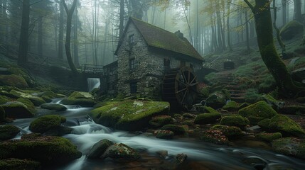 A stone mill with a water wheel surrounded by mossy rocks and greenery, ancient gnarled trees...