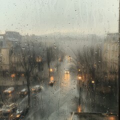 A view of a rainy day in the city from behind a window.