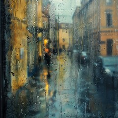 A view of a rainy day in the city from behind a window.