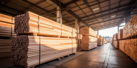 Stacks of lumber in a spacious warehouse