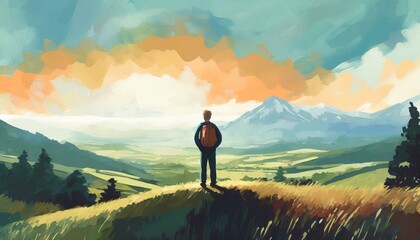Person standing overlooking landscape, Illustration Style