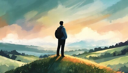 Person standing overlooking landscape, Illustration Style - Powered by Adobe