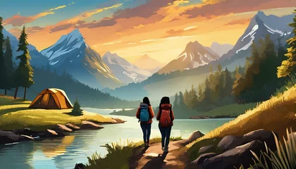 Zelfklevend Fotobehang Two Women Hiking in Mountains, Tent Camping, Illustration Style © thebearsjourney
