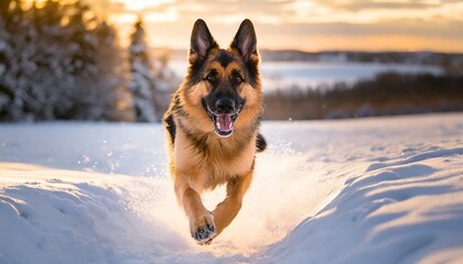german shepherd dog in snow - obrazy, fototapety, plakaty