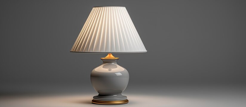 A lamp with a white lampshade is illuminated on a table