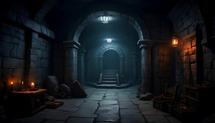 Underground dungeon, fantasy adventure tabletop role play game setting, dark and creepy background created with generative ai	
 - obrazy, fototapety, plakaty