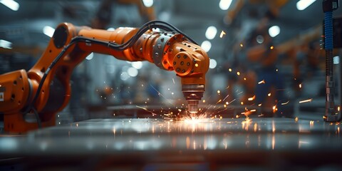Robotic arm welding at factory assembly line showcasing advanced technology improving production efficiency. Concept Factory Automation, Welding Technology, Robotics, Industrial Efficiency