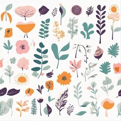 A collection of seamless pattern, colorful abstract plants and flowers. Hand drawn Collection of leaves and flowers. A close up of a pattern of flowers and leaves.
