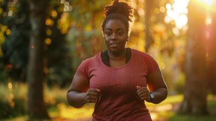 Young woman in a red shirt jogging in the park, sun setting behind her creating a serene end-of-day...