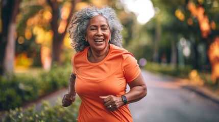 Joyful senior woman with gray hair running outdoors, showcasing active lifestyle and vitality in golden years. - Powered by Adobe