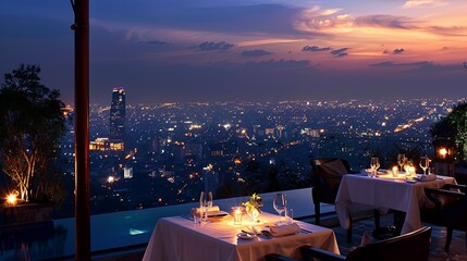 A luxurious dining setting on a rooftop terrace overlooks a sweeping cityscape as the evening sky...