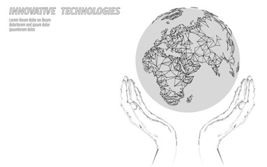 Save planet Earth in hands. Europe and Africa problem solving. Pease safety agreement. Low poly polygonal design vector illustration