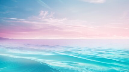 Fototapeta na wymiar Serene sunrise seascape in soft pink and blue tones. Calming seascape with gentle hues evoking peace and tranquility. Idyllic ocean view with tranquil pink and blue sunrise colors.