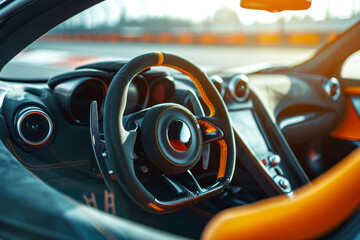 Sports car with vibrant orange and carbon fiber steering. Luxury vehicle cockpit with dynamic color...