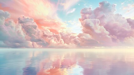 Vibrant sunset clouds reflecting over calm sea waters. Pink and orange hues in a peaceful sky mirrored on the ocean. Tranquil sea scene with colorful dusk clouds and reflection.