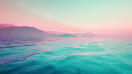 Serene seascape with tranquil dawn colors from turquoise to pink. Gentle gradient of dusk hues in a...