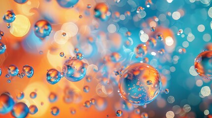 Detailed macro of floating water droplets with vibrant orange and blue colors and bokeh effect in the background.