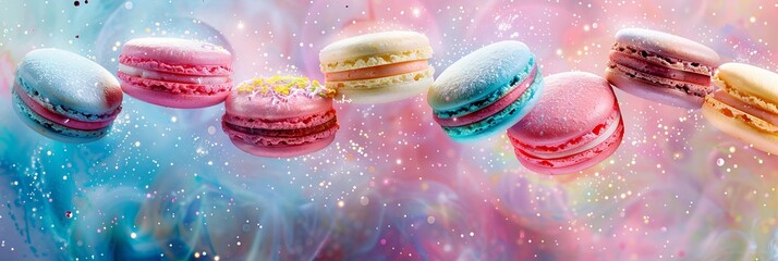 Colorful macarons floating in a dreamy magical ambiance. Fantasy culinary scene with vibrant...