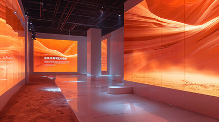 The immersive exhibition hall features three digital screens, with orange and pink color schemes. Generative AI.