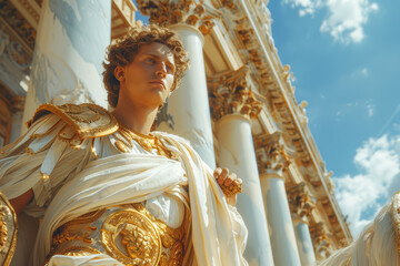 Majestic Apollo, the god of the sun, poised with his golden chariot, ready to embark on his daily journey across the sky. Concept of solar deity and celestial movement in Greek. Generative Ai.