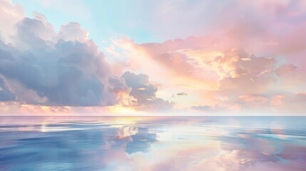 Peaceful pastel-colored cloudscape reflected in serene waters for tranquil meditation backgrounds. Digital art of soft clouds and calm sea blending for soothing wallpaper. - obrazy, fototapety, plakaty